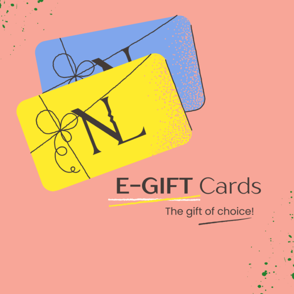 Two NL-branded e-gift cards, one yellow and one blue, on a peach background with the text "E-GIFT Cards – The gift of choice!"