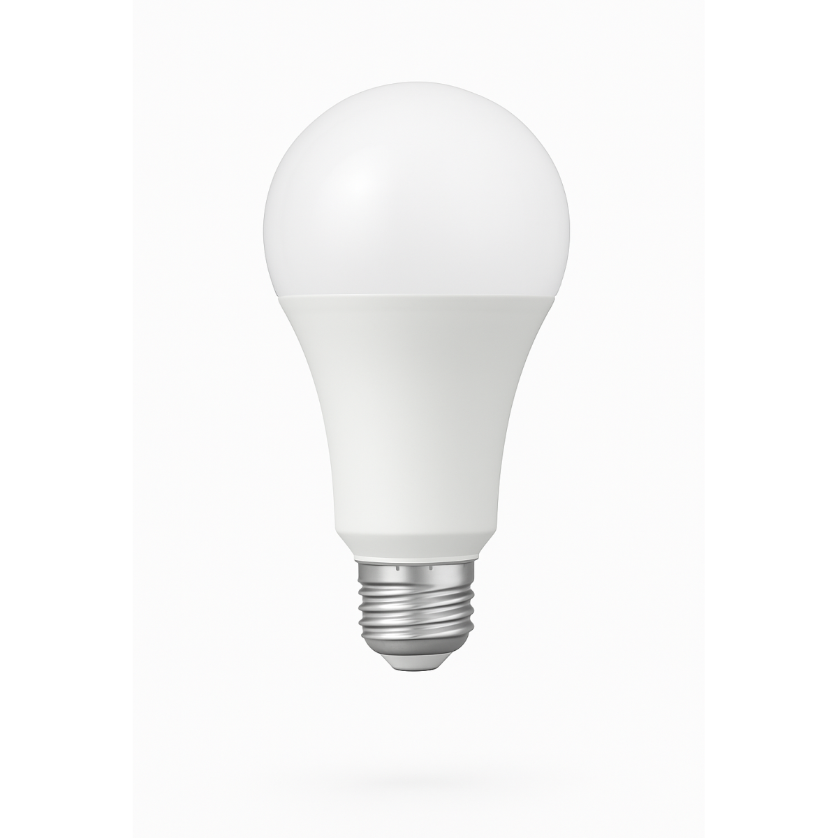 LED light bulb with E27 screw base, measuring 155mm in height and 80mm in diameter, with a 27mm base width. White plastic and glass construction suitable for standard light fixtures.
